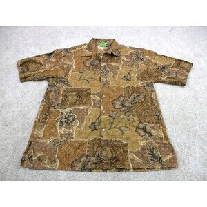 Tori Richard Shirt Mens Large Brown Floral Print Hawaiian Cotton Lawn Button Up